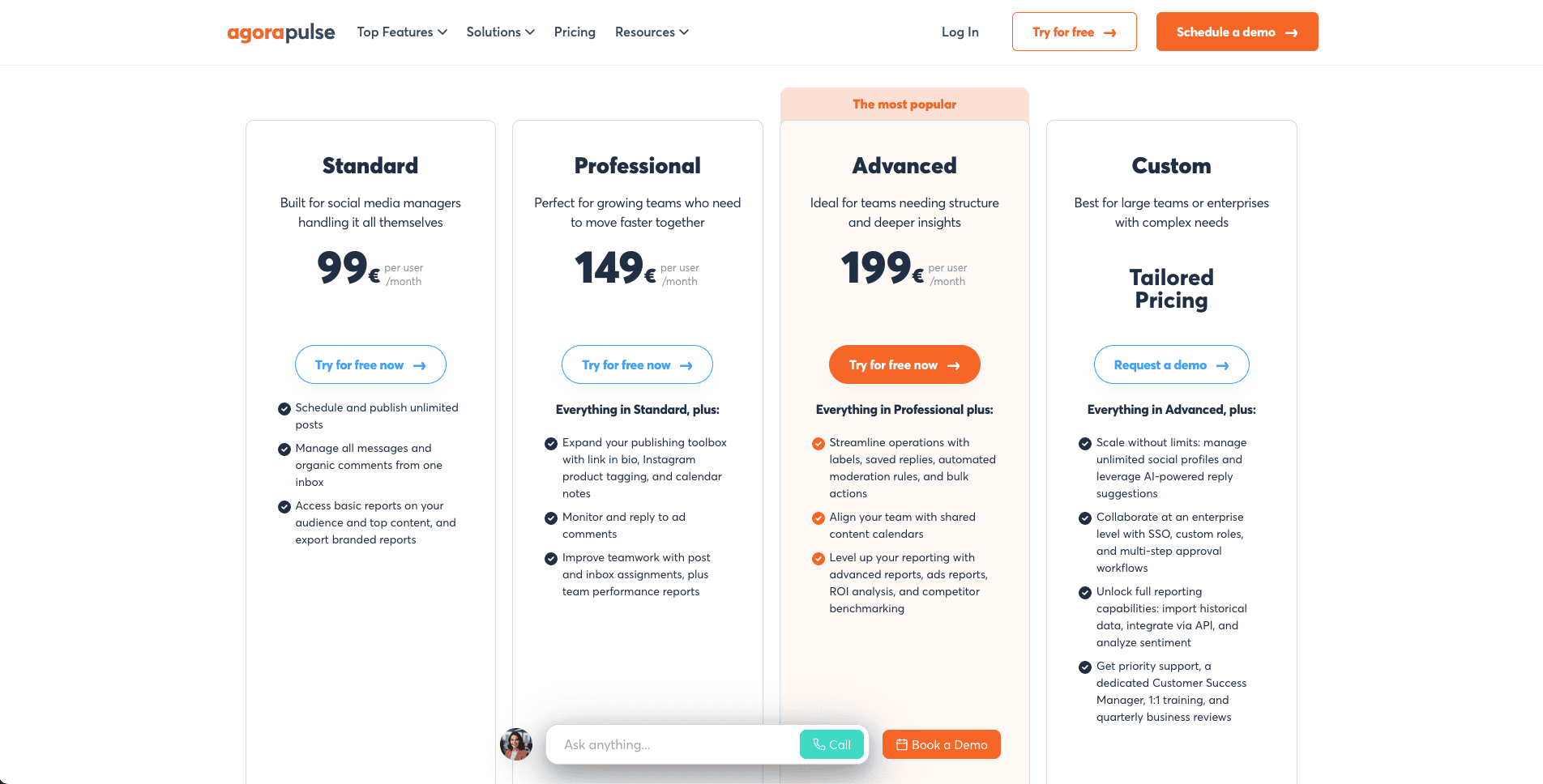 Agorapulse public pricing page screenshot for plan comparison