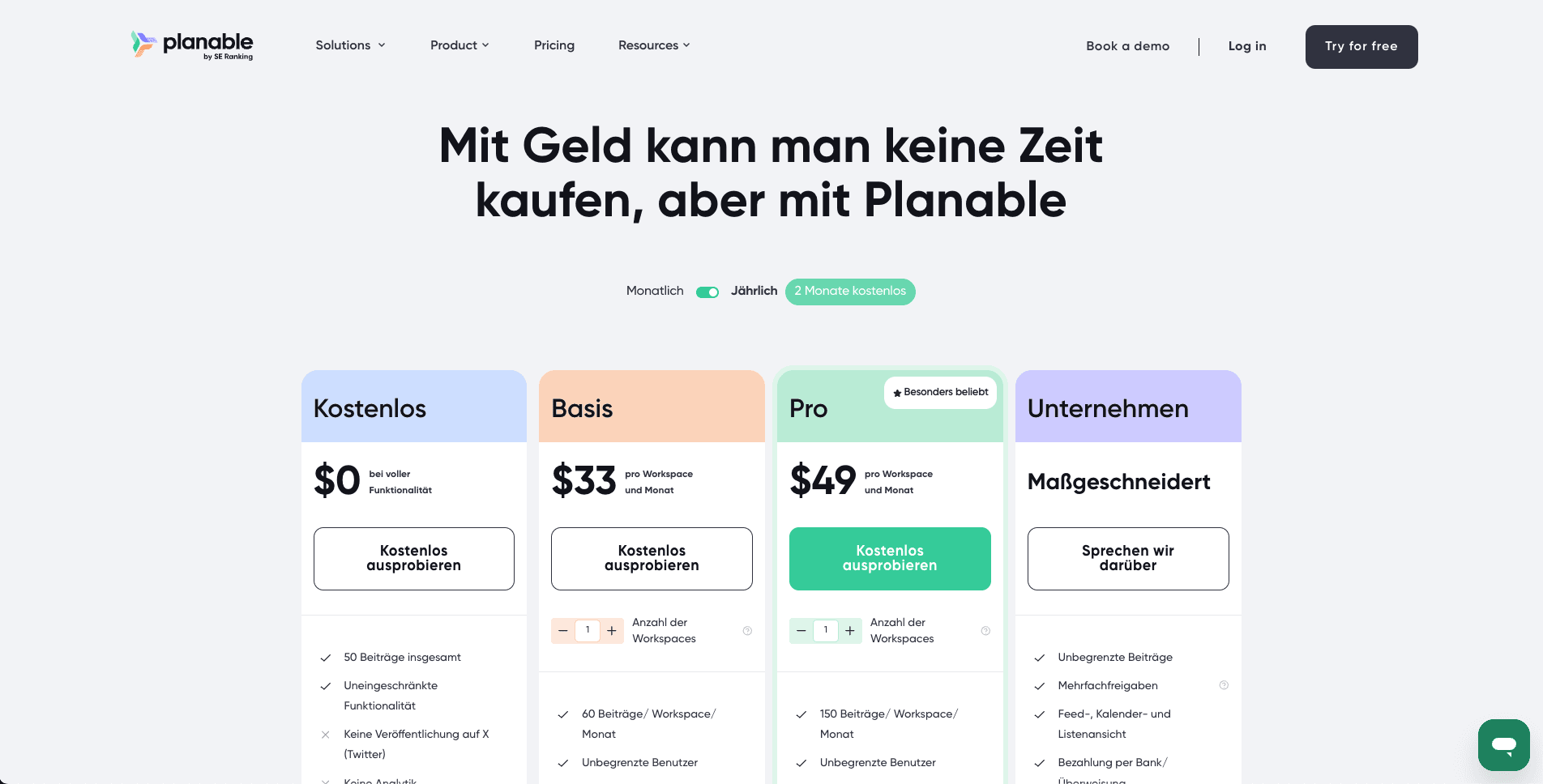 Planable public pricing page screenshot for plan comparison