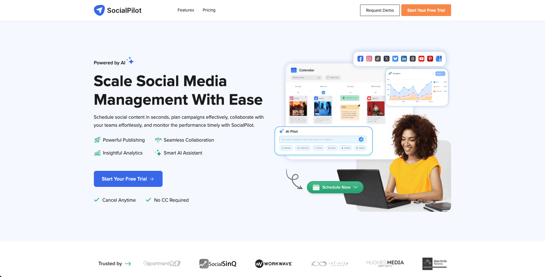 SocialPilot public landing page screenshot for neutral comparison context