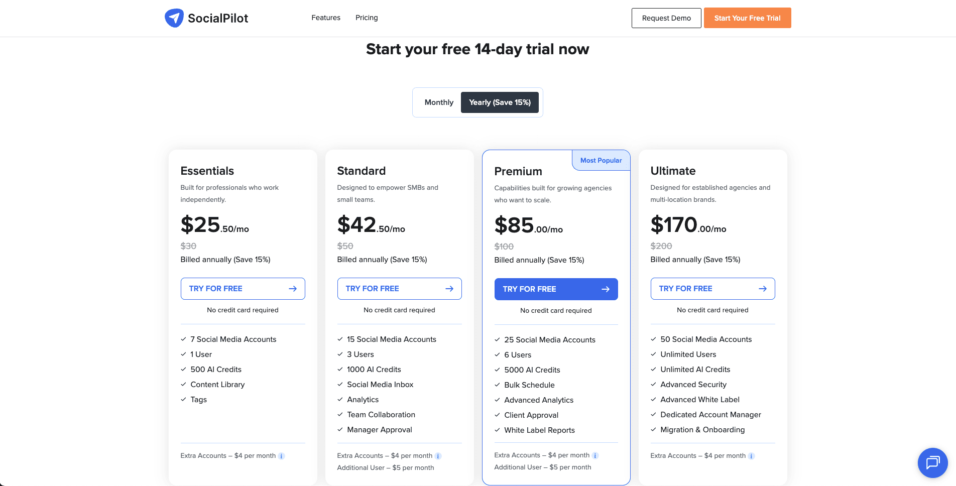 SocialPilot public pricing page screenshot for plan comparison