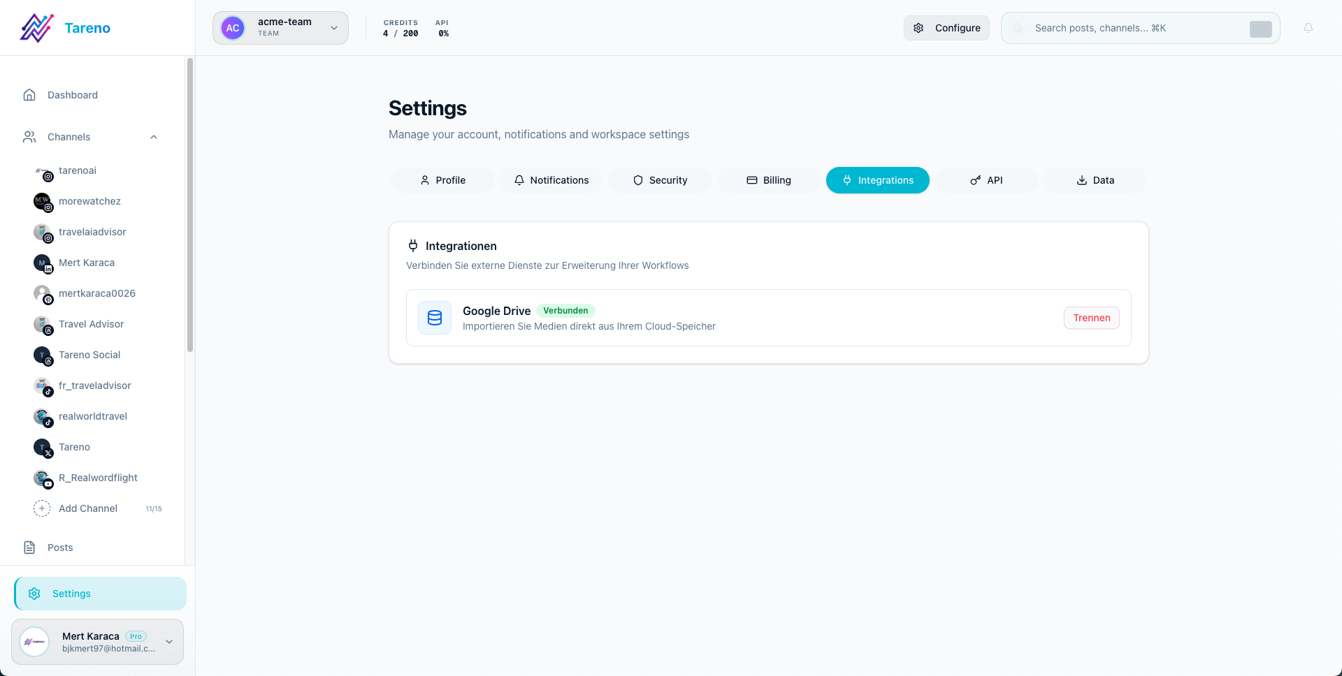 Integrations settings