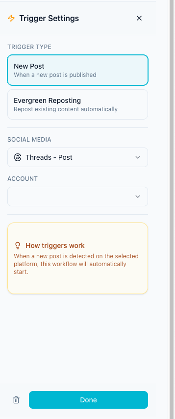 Trigger settings for a new post workflow